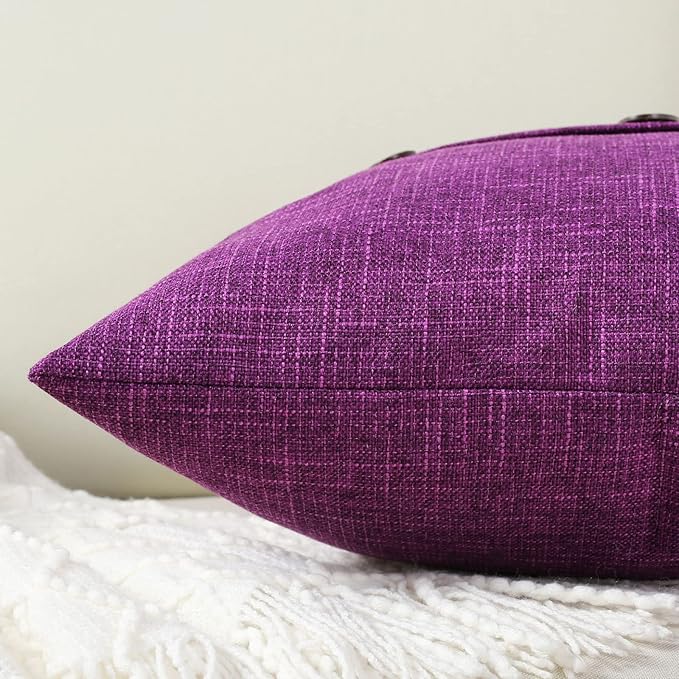 HAUSSY Purple Linen Decorative Throw Pillow Covers 24x24 Inch Set of 2, Square Euro Cushion Case with 3 Vintage Buttons,Modern Farmhouse Home Decor for Couch,Bed