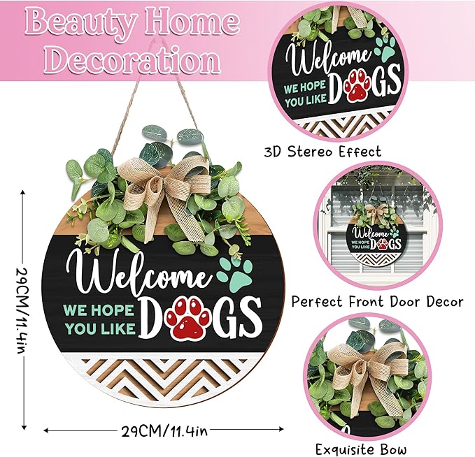 GOSSBY Interchangeable Welcome Sign for Front Door - WE HOPE YOU LIKE DOGS - Seasonal Rustic Wood Wreath - Hanging Wall Sign Decoration for Outside, Porch, Farmhouse - New Home, Housewarming Gift