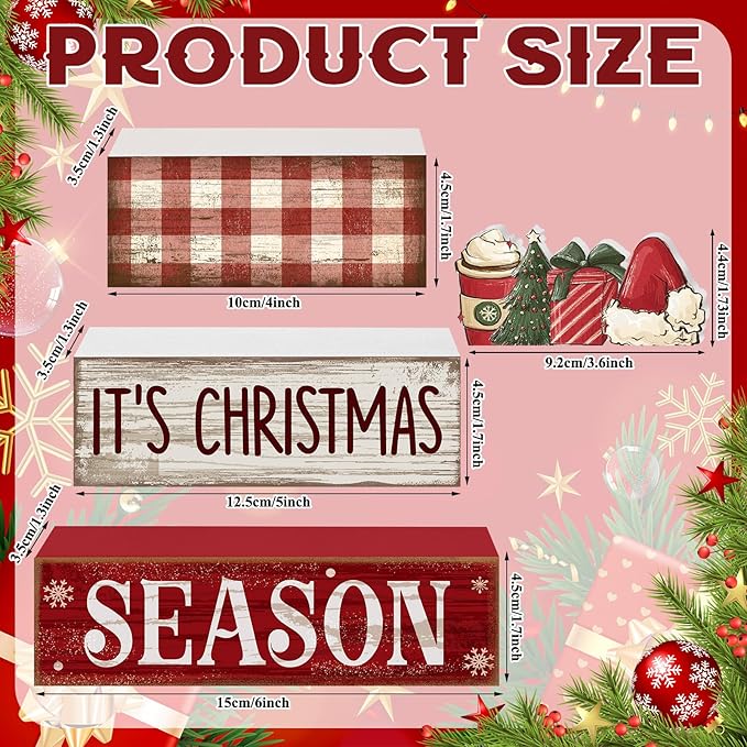 4 Pcs Wooden Christmas Tabletop Decor Xmas Tiered Tray Decor Winter Centerpiece Decorative Santa Hat Hot Cocoa Gift Box Tree Block Signs Gift Farmhouse Table Decoration for Home Kitchen