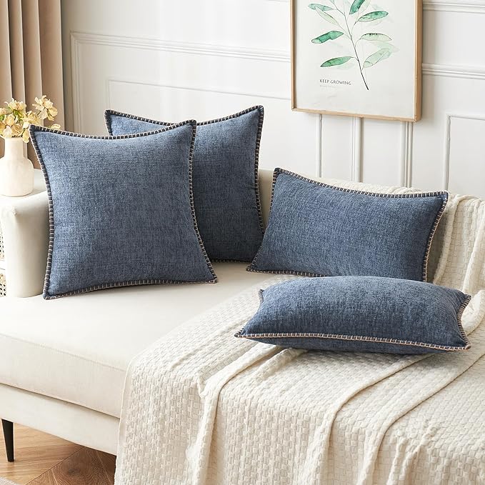 MIULEE Pack of 2 Couch Throw Pillow Covers 18x18 Inch Dark Grey Blue Farmhouse Decorative Pillow Covers with Stitched Edge Soft Chenille Solid Dyed Spring Pillow Covers for Sofa Bed Living Room