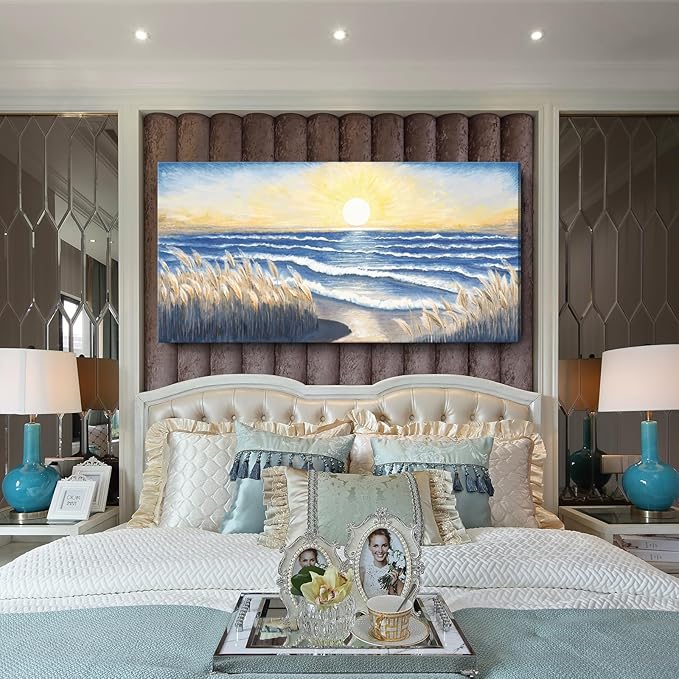 Large Canvas Wall Art for Living Room Blue Ocean Beach Sunset Sea Waves Nature Landscape Seascape Painting Seaside Reeds Pictures Seashore Coastal Serene Artwork for Home Lake Bedroom Office 60x30inch