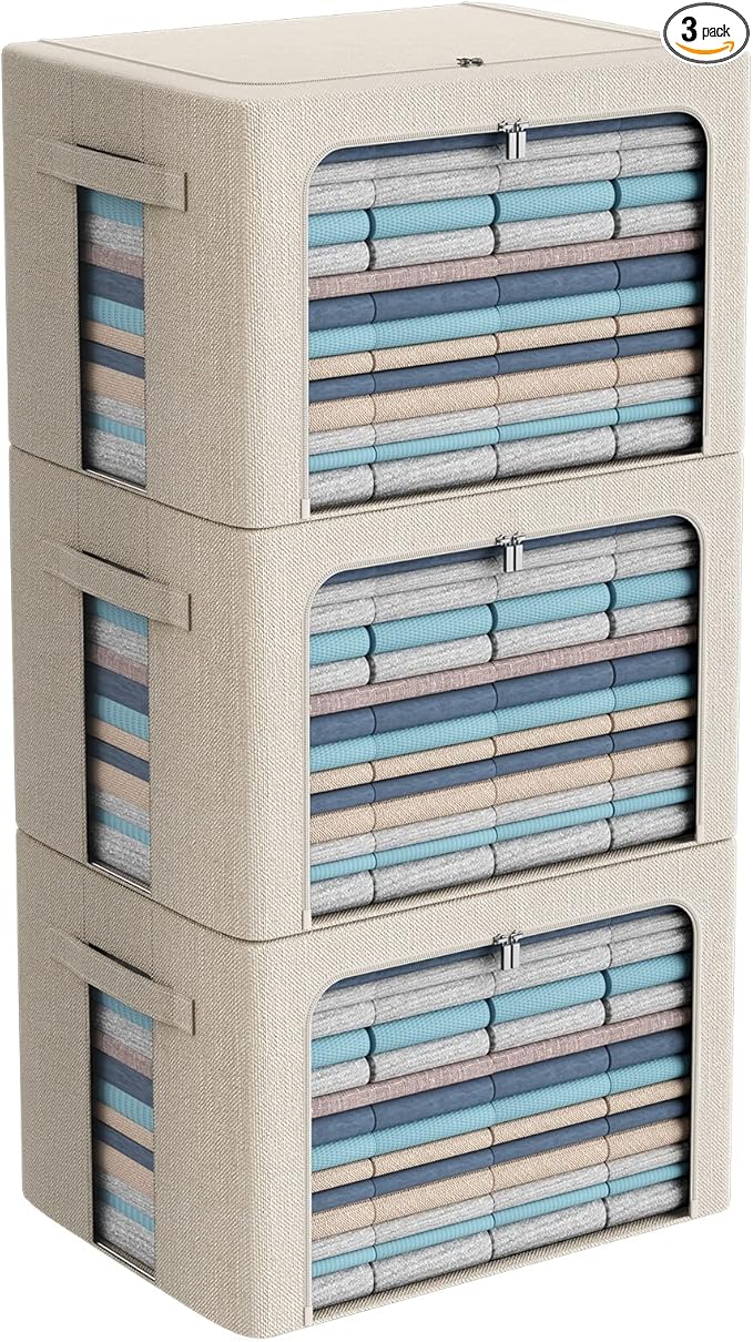 3Pack Foldable Storage Bins - Frame Storage Box Linen Fabric Stackable Clothes Container Organizer with Clear Window & Carry Handles Large Capacity (Extra Large-100L, Beige)
