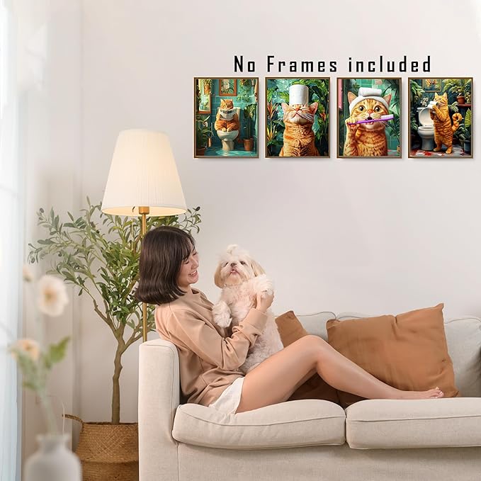 FITIE Funny Orange Cat Bathroom Wall Art Prints Set of 4, Tropical Botanical Funny Orange Cat on Toilet Wall Art Posters for Bathroom Washroom Restroom Decor, 8x10 Unframed
