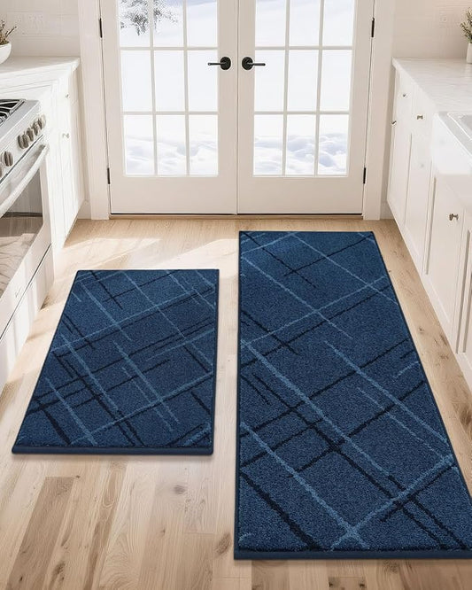 COSY HOMEER Kitchen Mats, 2 PCS Kitchen Rug Non Slip Washable, Absorbent Runner Rugs for Kitchen Floor, Polyester Kitchen Sink Rug 24"x36" + 24"x60"(Blue)
