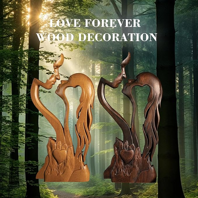 Wooden Kissing Couple Ornament, Abstract Couple Portrait Sculpture Romantic Love Statue Decor Gift for Women Anniversary Valentine Wedding - 10 Inch