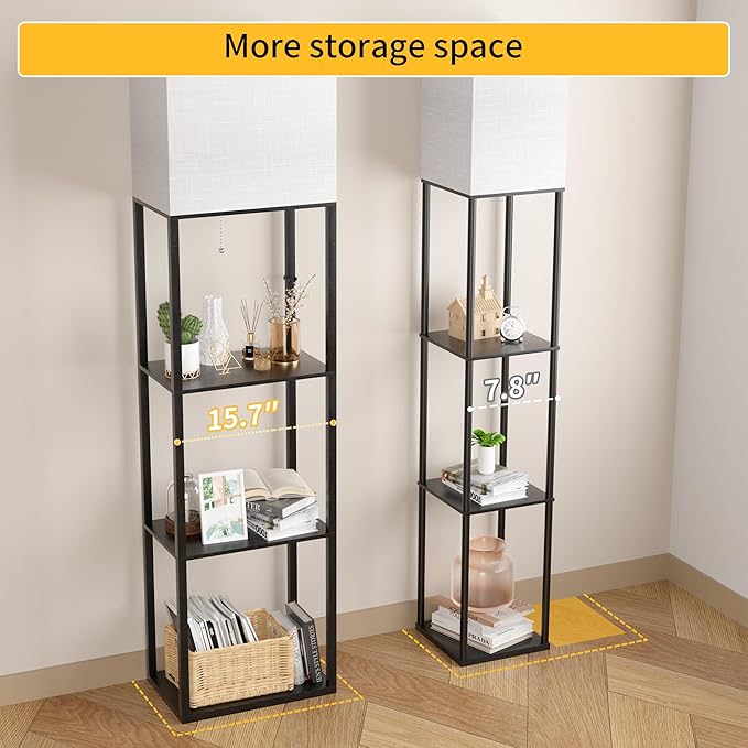 Dott Arts Floor Lamp with Shelves, Wide Floor Lamps for Living Room Display Shelf Lamps with 3 Color LED Bulb,Storage Wood Modern Floor Lamp for Bedroom Standing Lamp for Living Room Office（Black）