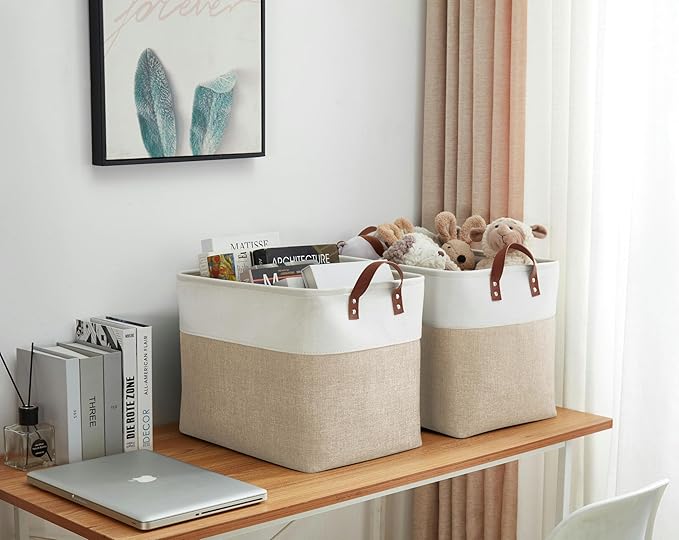 DECOMOMO Fabric Storage Basket Large Closet Storage Bins for Toys Nursery & Laundry Storage (Beige & White, XXL - 3 Pack)