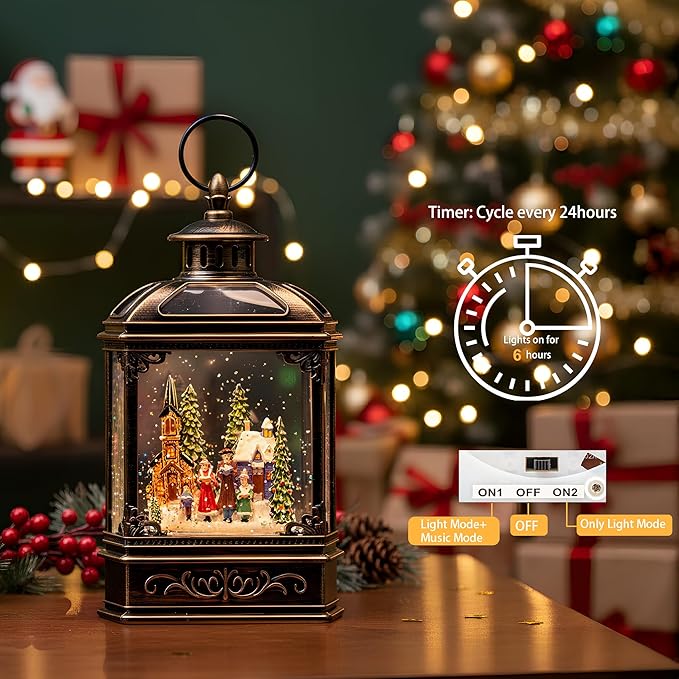 Christmas Snow Globe Lantern Water Glittering Town Home with Carolers, Music & Timer, USB Lined/Battery Operated Lighted Lantern for Christmas Festival Decoration Gifts