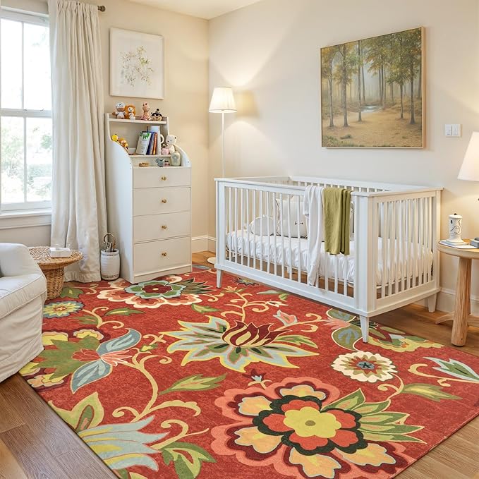 Lahome Floral Washable Rugs 5x7,Carpets for Living Room Non-Slip Lightweight Soft Bedroom Throw Low-Pile Large Area Rug for Dining Room, Kitchen, Entryway - Paisley Print Red Rugs for Office