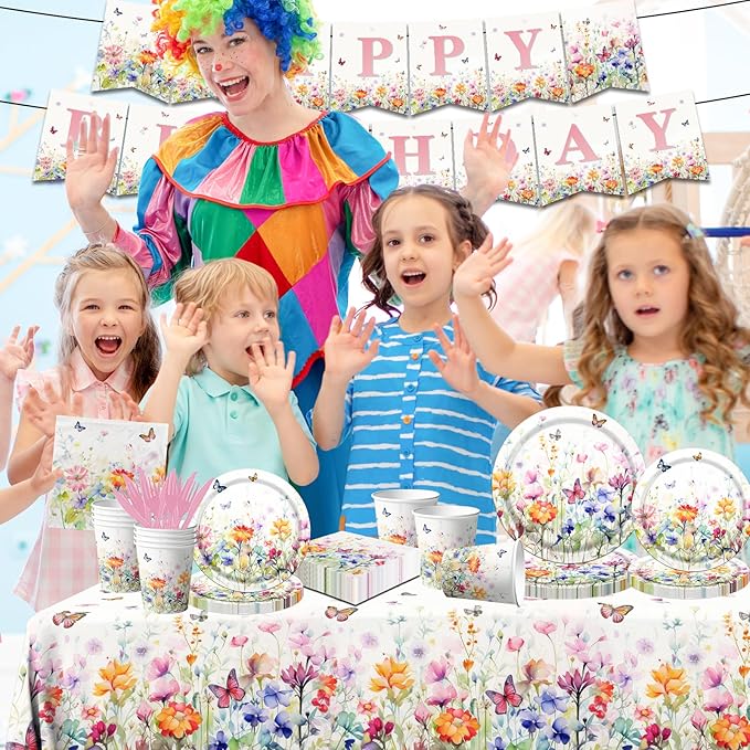 Wildflower Baby Shower Decorations,142Pcs Wildflower Baby in Bloom Plates and Napkins,Tablecloth,Cup Butterfly Floral Theme Table Decorations for Bridal Shower Birthday Party