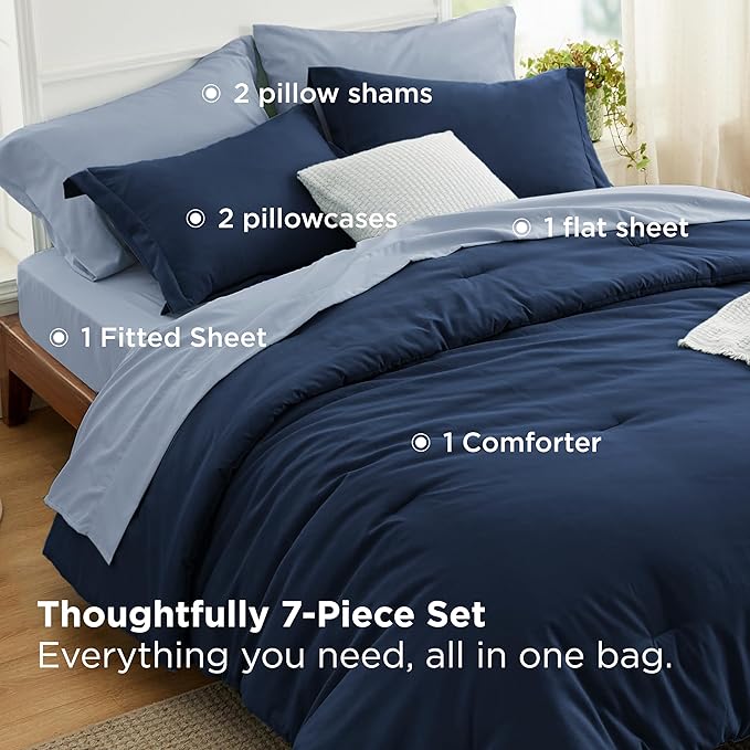 Bedsure Queen Comforter Set - 7 Pieces Navy Queen Bedding Set for All Seasons, Boho Contrasting Design Bed in a Bag with Comforter, Sheets, Pillowcases & Shams