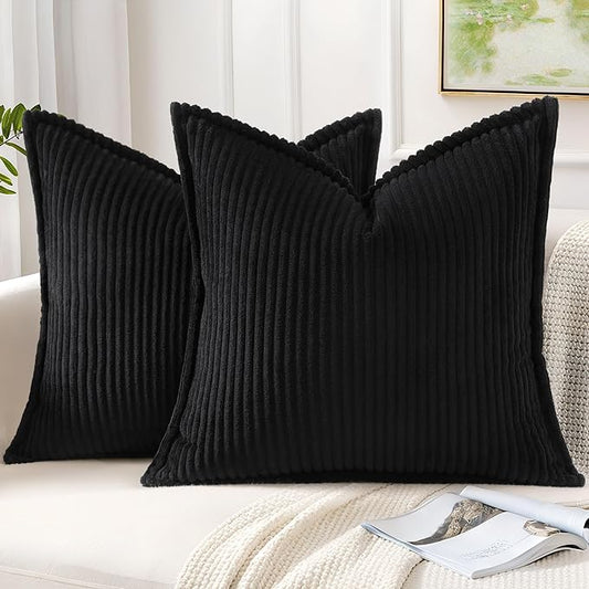 Mecatny Corduroy Throw Pillow Covers 16x16 Set of 2, Neutral Decorative Soft Boho Couch Pillow Covers with Broadside for Sofa Living Room, Black