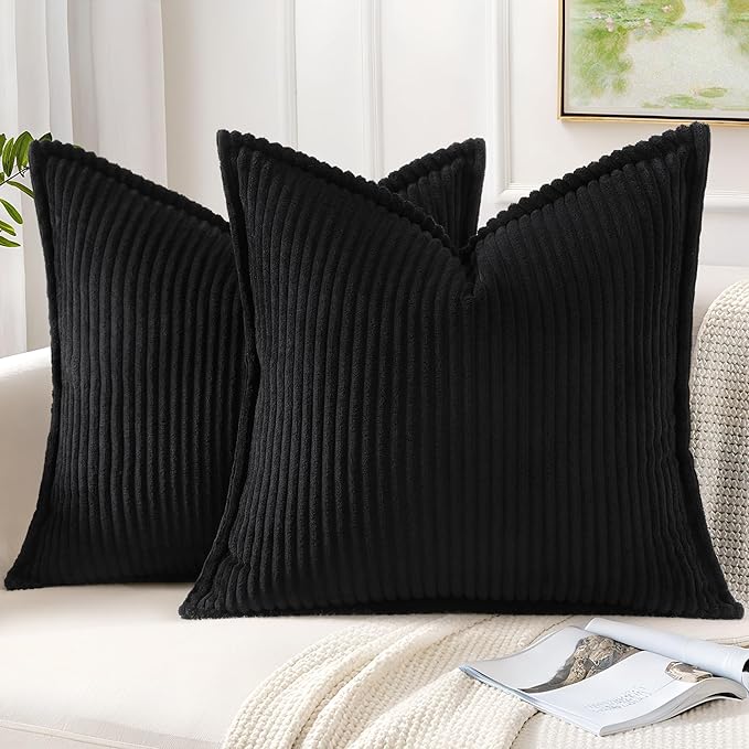 Mecatny Corduroy Throw Pillow Covers 22x22 Set of 2, Neutral Decorative Soft Boho Couch Pillow Covers with Broadside for Sofa Living Room, Black