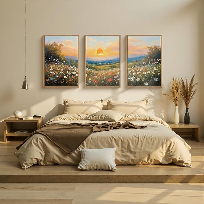 HOURIA Boho Sunrise Wildflower Framed Canvas Wall Art Set,Watercolour Nature Inspired Landscape Wall Decor,Colorful Floral Scenery Artwork,Modern Art Prints for Living Room,Bedroom,Farmhouse-24"x36"x3