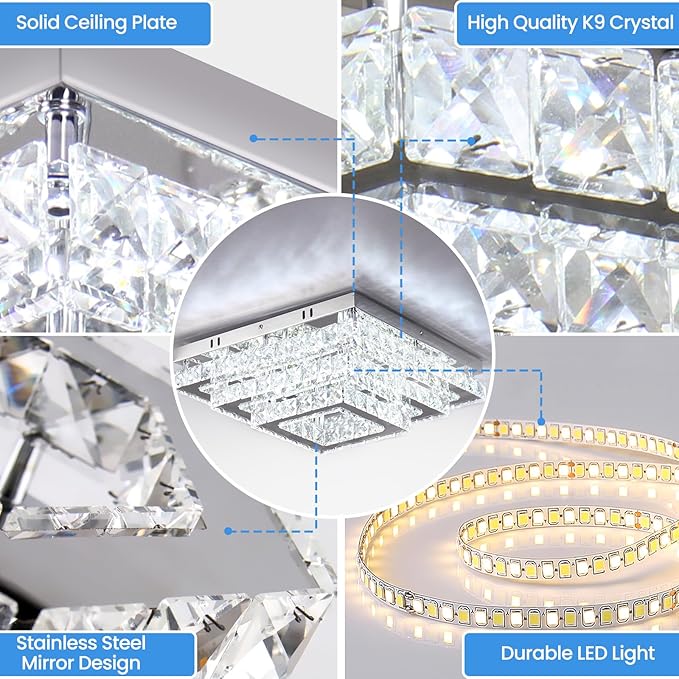 Finktonglan Square Crystal LED Ceiling Light Fixtures, 15' Modern Chandelier 3-Tiers Flush Mount Ceiling Lamp for Living Room Dining Room (6500K Cool White)