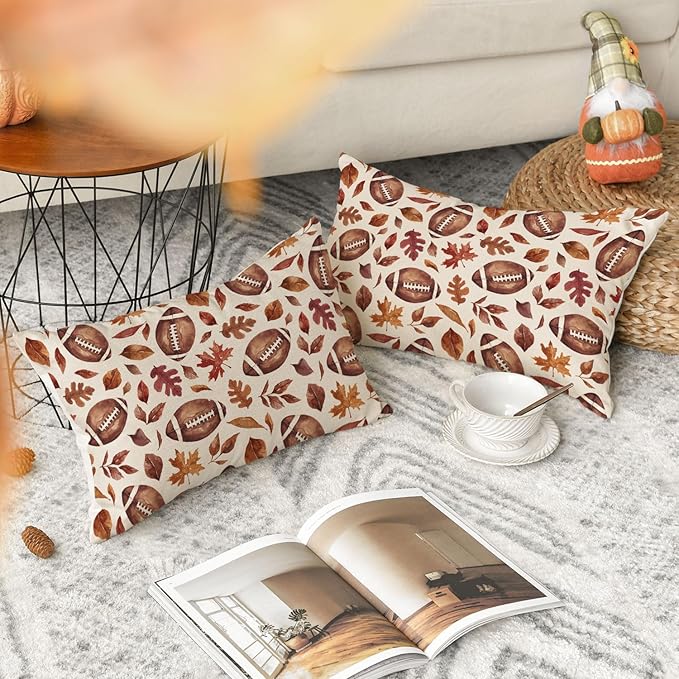 AVOIN colorlife Fall Football Maple Leaves Throw Pillow Covers 12x20 Inch, Seasonal Autumn Thanksgiving Harvest Cushion Case Decoration for Sofa Couch Set of 2