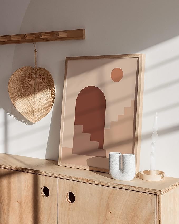 HAUS AND HUES Boho Art Prints Minimalist Decor - Boho Wall Art Mid Century Modern Decor, Minimalist Wall Art, Modern Art Wall Prints, Sun and Two Staircases (Beige Framed, 16x20)