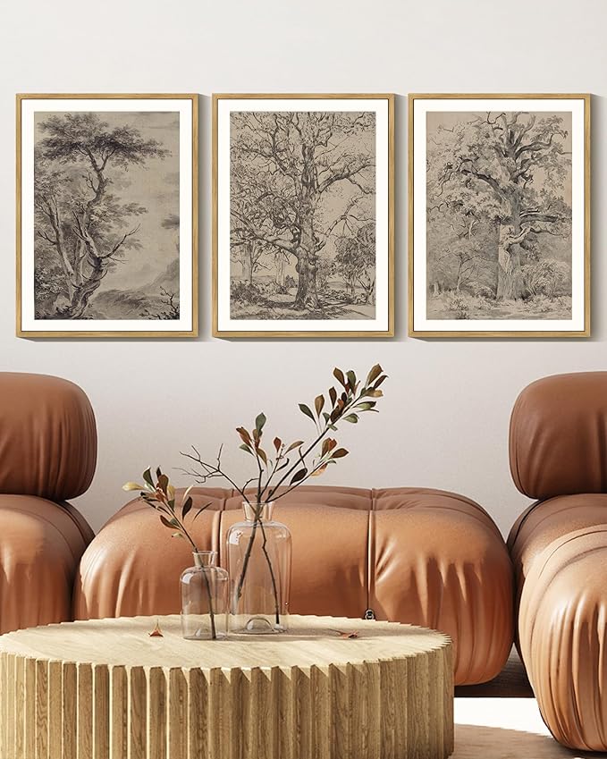 KUVIOKE Boho Vintage Tree Wall Art Framed Neutral Retro Forest Art Prints Antique Rustic Nature Wilderness Paintings Bedroom Hallway Decor 11x14in (Natural Framed)
