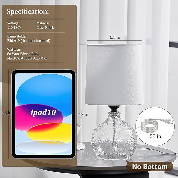 Small Table Lamps Set of 2-13.5" Modern Table Lamp for Bedroom - Bedside Lamps - Glass Table Lamp for Small Spaces, Living Room, Nightstand, Office, Side Desk Lamp, End Table