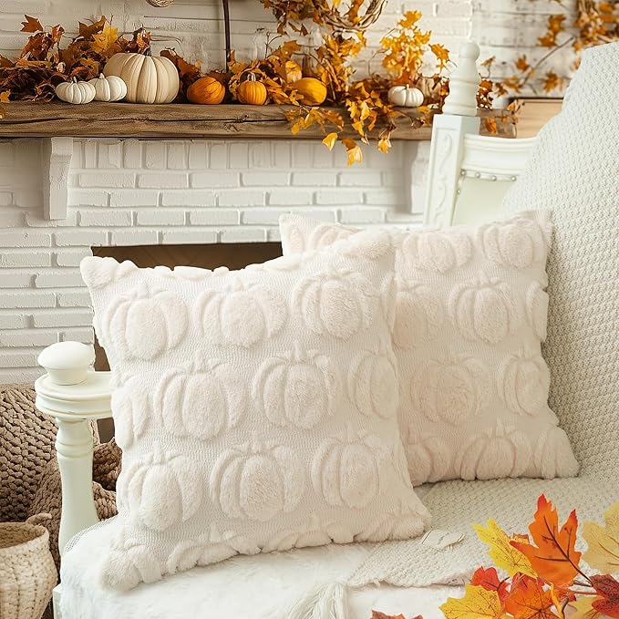 GEEORY Fall Pumpkins Soft Plush Pillow Covers, 18 x 18 Inch Set of 2, Fluffy Faux Fur Wool Decorative Farmhouse Cushion Case for Sofa Home Decoration Beige Pumpkin GC020-18