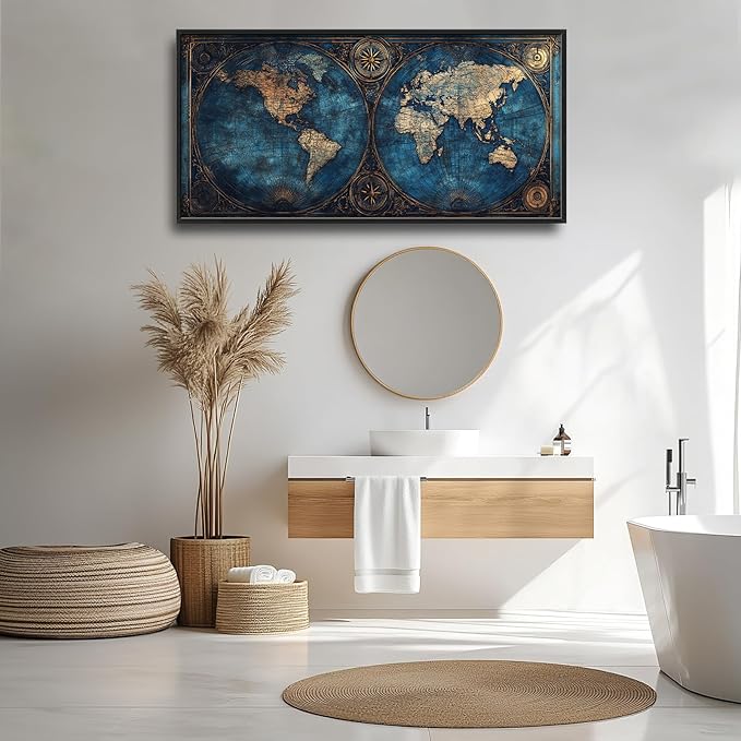 World Map Framed Wall Art for Living Room, Large Map of The World Canvas Wall Decor, Vintage Maps Pictures Painting, Modern Artwork for Office Bathroom Bedroom 60L'' × 30W''