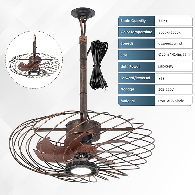 20" Outdoor Ceiling Fan with Light, Waterproof Gazebo Fan Remote Control, Dimmable LED Light, Hanging Black Caged Ceiling Fixtures with Plug in Cord for Patios Pergola, Black Gold