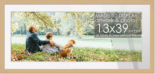 13x39 Frame Natural Wood with White Mat | 16x42 Frame Matted to 13x39 | Display Your Print Under UV Acrylic Shatter Guard Front, with Foam Board Backing and Wall Hanging Hardware - Wall Frame