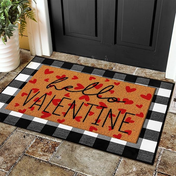 2 Pcs Door Mat Welcome Non Slip Coir Mats Floor Layering Doormats Seasonal for Front Porch Entryway Decor(Valentine)