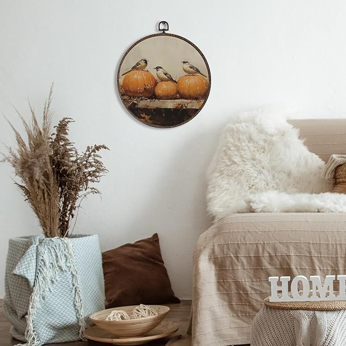 XNXLDYLH Vintage Fall Pumpkin Bird Round Framed Wall Art Decor, Cottagecore Harvest Antique Hanging Wall Decor Decorations, Rustic Fall Autumn Canvas Prints Wall Art Paintings for Living Room, 10x10In