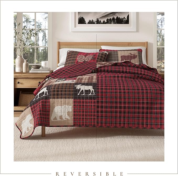 Great Bay Home Rustic Cabin Twin Size Quilt Set with Shams - All-Season, Lightweight, Reversible Bedspread - Lodge-Themed Summer Bedding Sets (Twin/Twin XL, Hemlock Red/Brown)