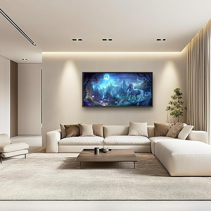 Flintis Large Unicorn Wall Art Unicorn Castle Moon Pictures Wall Decor Abstract Animal Canvas Painting Print Artwork Decoration Framed for Living Room Bathroom Master Bedroom Office 60L x 30W