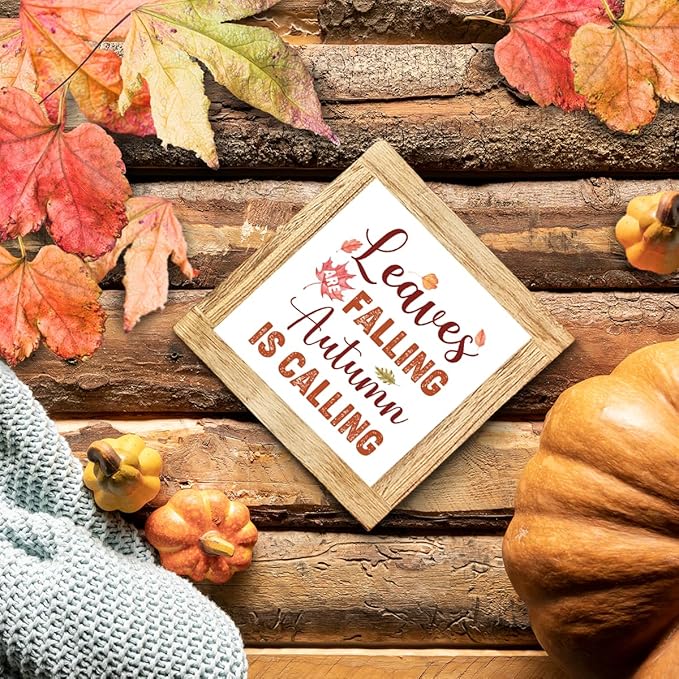 Fall Decoration Sign Autumn Wooden Sign Leaves Are Falling Autumn Is Calling Farmhouse Fall Decor Rustic Home Decoration Thanksgiving Tabletop Plaque Seasonal Leaves Decor 5.9x5.9 Inch