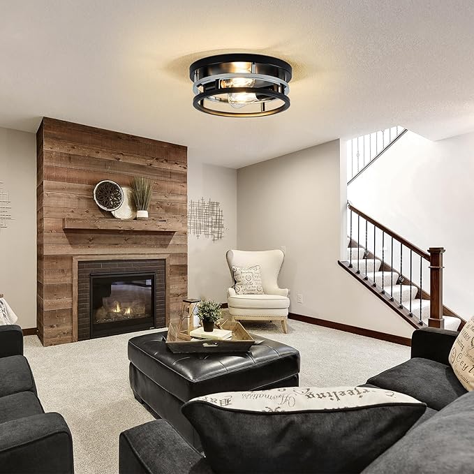 2 Light Industrial Ceiling Light Black Chrome Semi Flush Mount Lights Close to Ceiling Light Fixtures,cage design Farmhouse Ceiling Lighting for Kitchen Bedroom Bathroom Foyer Hallway (E26, 1Pack)