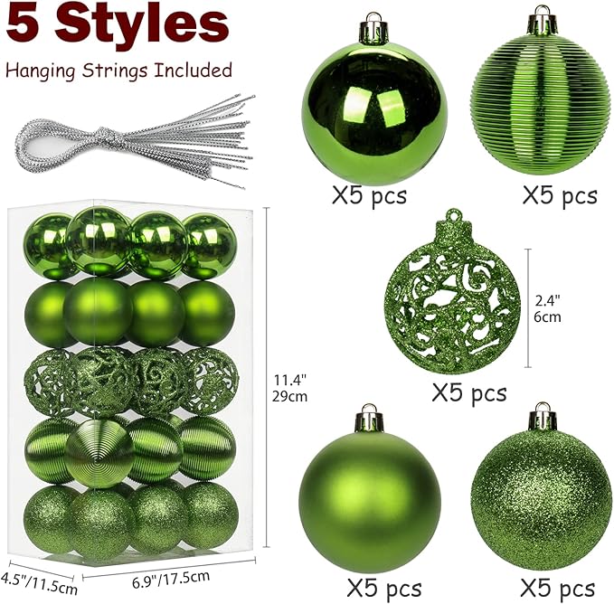 30PCS 2.36" Christmas Ball Ornaments Shatterproof Green Christmas Tree Decorations Xmas Tree Balls Halloween Ornaments Décor