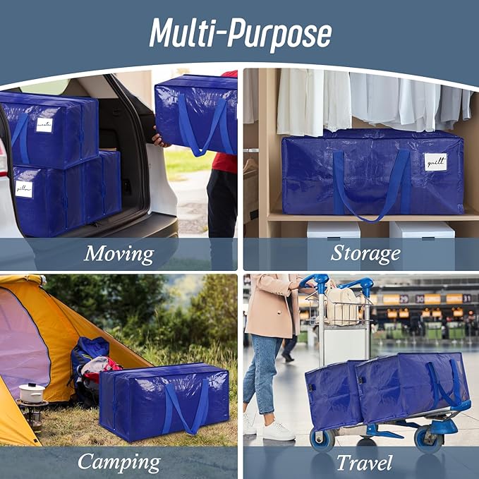6 Pack Extra Heavy Duty Large Moving Bags with Strong Zipper & Comfortable Handles, Sturdy & Durable Clothes Storage Bags Totes Bins, Packing Moving Boxes for College Supplies, Blue