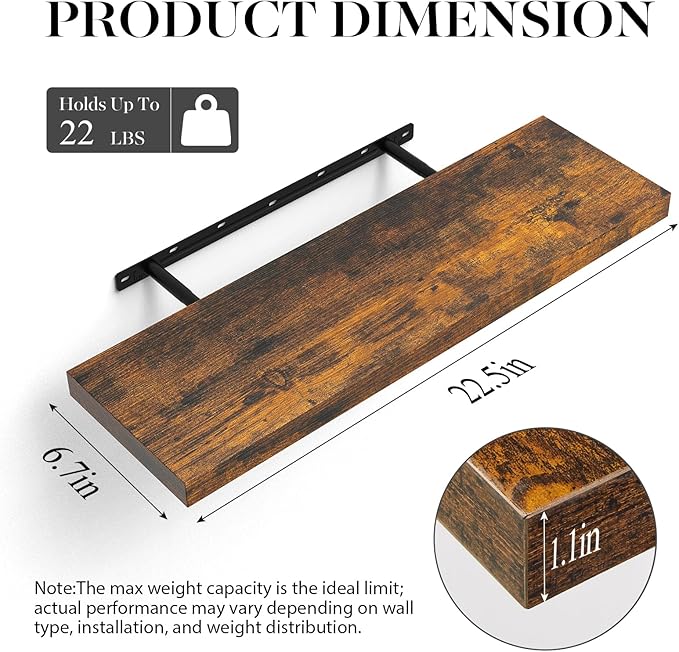 BAYKA Floating Shelves, 22.5" Rustic Wood Wall Mounted Shelves for Bathroom, Bedroom, Living Room&Kitchen, Hanging Display Shelf with 22 lbs Capacity, Fall Home Decor Shelves (Rustic Brown, Set of 2)