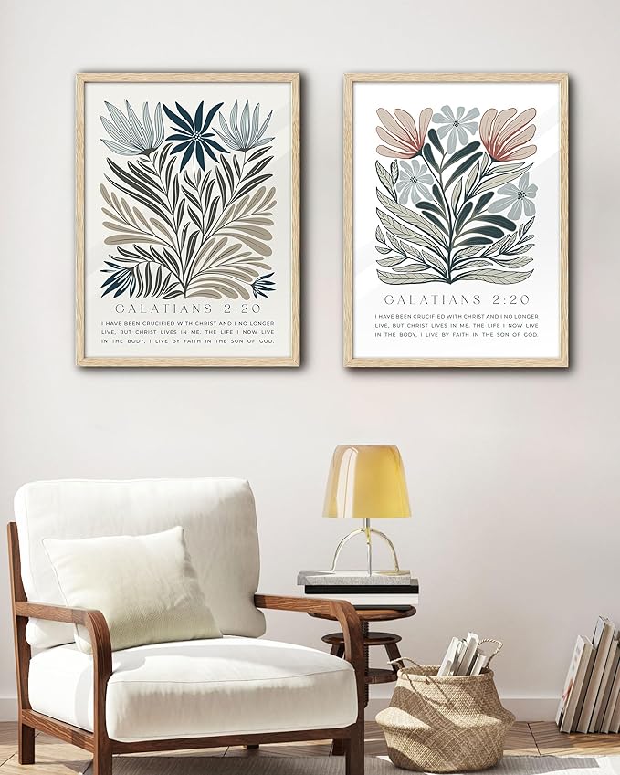 EcoHest Christian Bible Verse Floral Framed Wall Art, Large 16x20 in OAK Wood Boho Abstract Flowers Canvas Wall Art, Galatians 2:20 Home Decor, Beige Logs Christ Set of 1 for Bedroom Living Room