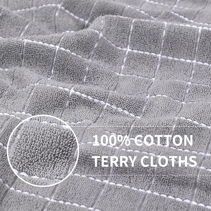 Homaxy 100% Cotton Terry Kitchen Towels(Light Grey, 13 x 28 inches), Checkered Designed, Soft and Super Absorbent Dish Towels, 8 Pack