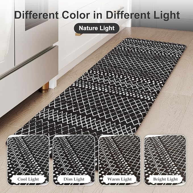KIMODE Anti Fatigue Mats for Kitchen Floor 17"x47"+17"x29", Black Boho Kitchen Rugs Sets of 2, Cushioned Kitchen Floor Mats, Non Slip Standing Mats for Sink Laundry Office Desk