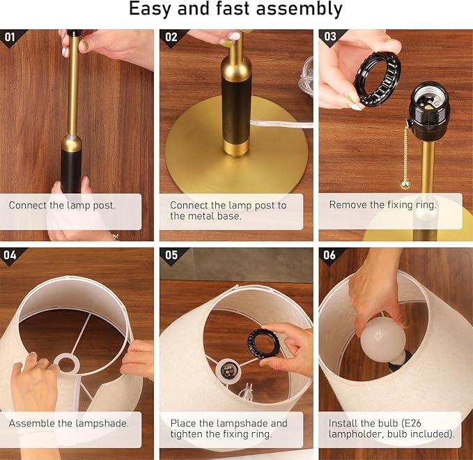 26.4" Set of 2 Modern Living Room Table Lamp for End Tables Bedside Lamps for Bedroom 3-Color Temperatures Pull Chain Switch Lamp Wood Fabric for Home/Office/Desk Decor (Light Brown+Brass)