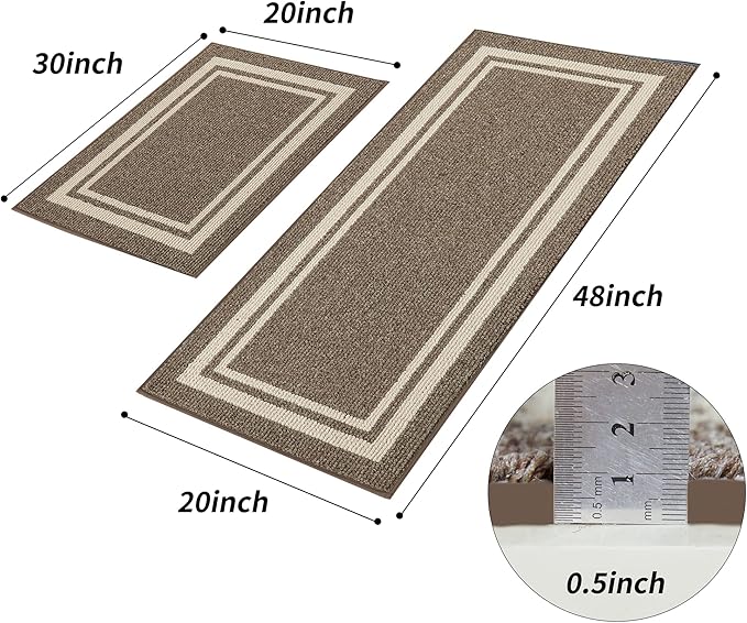 COSY HOMEER Kitchen Rugs Non-Slip 20x30/20x48 Inch Thick Polypropylene Standing Mat for Home Machine Washable, Brown Frame
