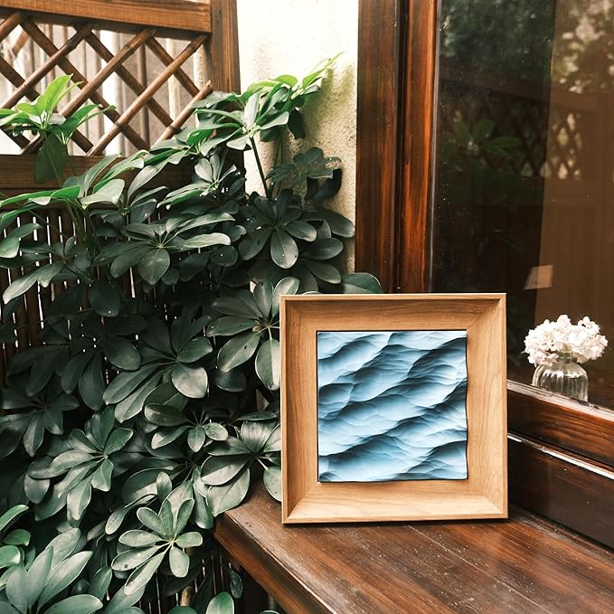 Handcrafted Wood Carved Frame Wall Art with 3D Wave Carving Design, Creative Bedroom Decor (natural wood color, large, Framed)