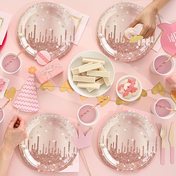 50PCS Rose Glitter Paper Plates - 7inch Pink Gold Diamond Birthday Dessert Plate for Cake Salad Pizza Disposable plates Supplies for Girls Women Mermaid Anniversary Birthday Wedding Theme Party