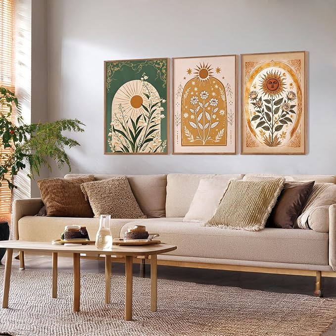 CHDITB Bohemian Floral Framed Canvas Wall Art Set, Nature Inspired Wall Decor, Boho Sun Art Spiritual Wall Painting, VintageArt Flowery Prints for Living Room, Bedroom, Office-Large Size 16"x24"x3
