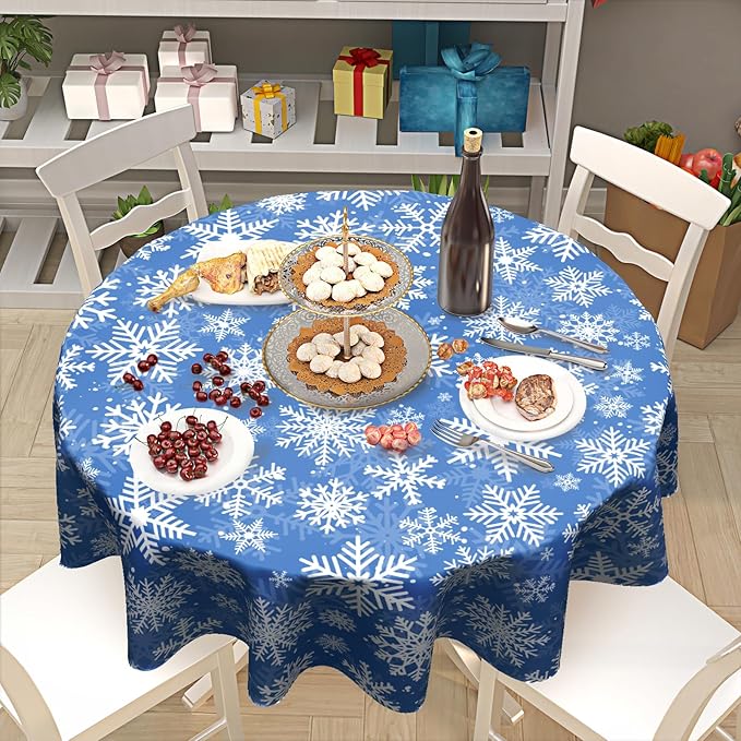 Winter Blue Snowflakes Round Tablecloth Blue and White Round Christmas Table Cover 60 Inch Washable Xmas Holiday Table Cloth for Home Kitchen Dining Room Patio Picnic Party Indoor Outdoor Decor