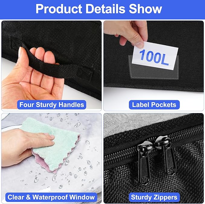 punemi 100L Jumbo Under Bed Storage Containers (No Support) - 2-Pack Collapsible Storage Bins with Clear Lids & Sturdy Handles, 7.5in Tall, for Off-Season Winter Clothes, Black