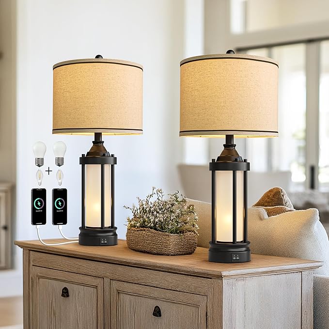 25'' Table Lamps for Bedroom Living Room Lamps Set of 2 Farmhouse Nightstand Bedside Lamps with USB Ports, Built-In Frosted Glass Night Light Industrial Metal Night Stand Lamp, Bulbs Included, Black