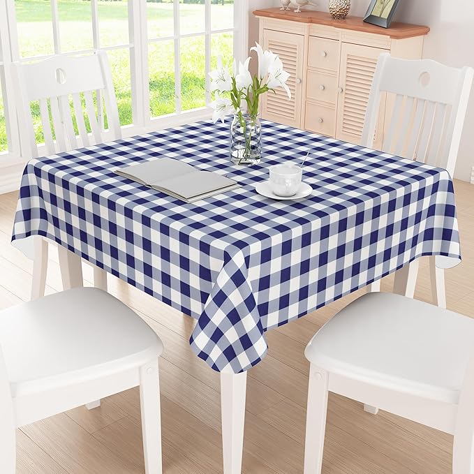 misaya Square Waterproof Vinyl Table Cloth, Buffalo Flannel Backed Tablecloth, Wipeable Plastic Table Cover for Dinner, Kitchen, Outdoor (60" X 60", White and Navy)