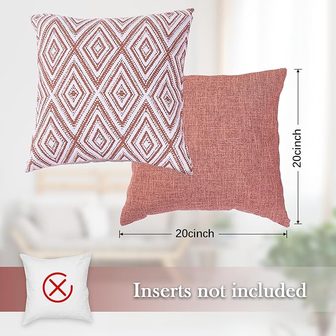 HPUK Decorative Throw Pillow Covers Set of 4 Geometric Design Linen Cushion Cover for Couch Sofa Living Room, 20"x20" inches, Coral