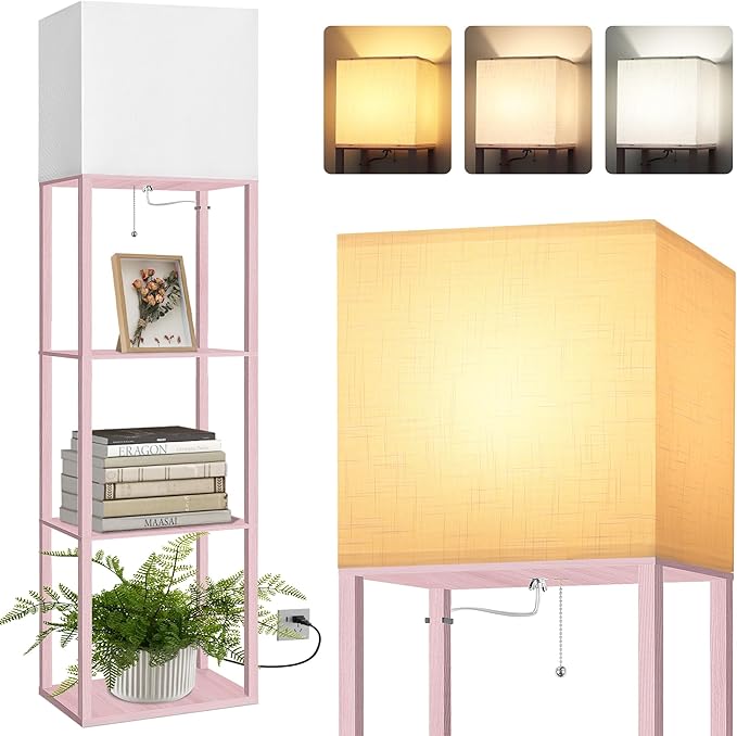 Dott Arts Floor Lamp with Shelves, Wide Floor Lamps for Living Room Display Shelf Lamps with 3 Color LED Bulb,Storage Wood Modern Floor Lamp for Bedroom Standing Lamp for Living Room Office（Pink）